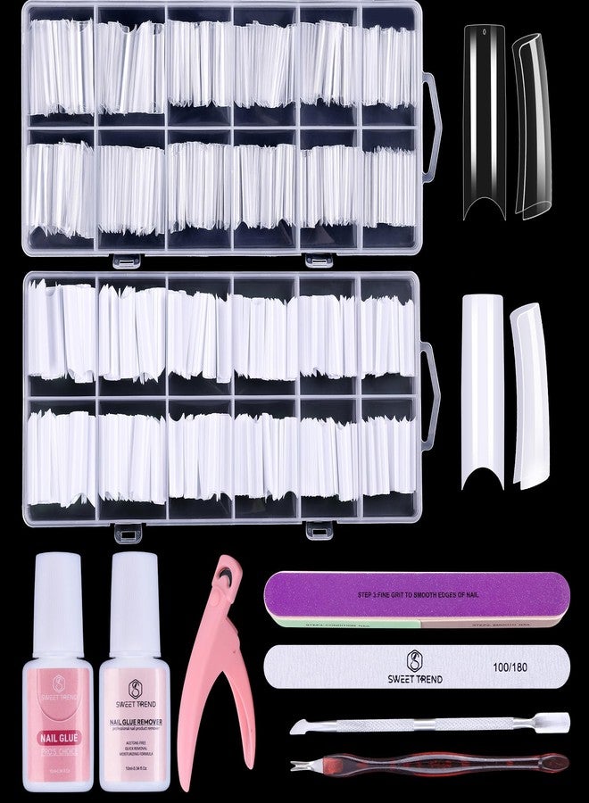 SWEET TREND Fake Nail Tips White Clear: Sweet Trend No C Curve Tapered Square Nail Tips for Acrylic Nails - 480Pcs 12 Sizes Extra Long Straight Nail Extension Kit - with Glue Remover & Glue Acrylic Clippers Set - Image 1